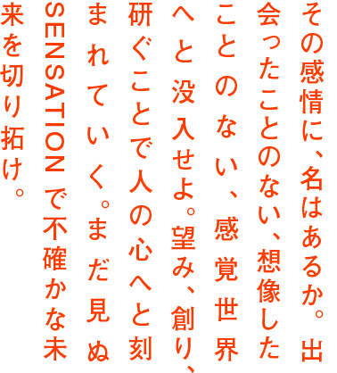 その感情に、名はあるか。出会ったことのない、想像したことのない、感覚世界へと没入せよ。望み、創り、研ぐことで人の心へと刻まれていく。まだ見ぬSENSATIONで不確かな未来を切り拓け。